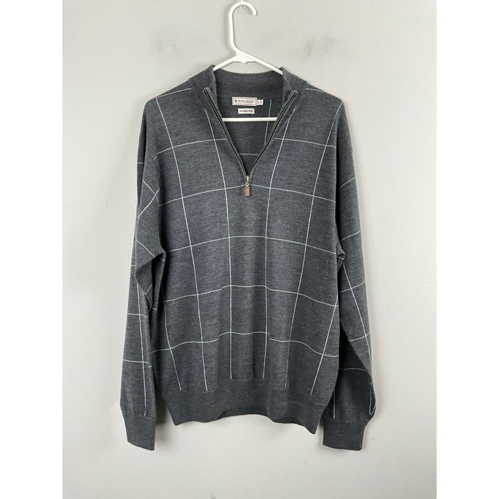 Peter Millar Men's 100% Merino Wool Quarter Zip Sweater Grid Pattern Gray Size L